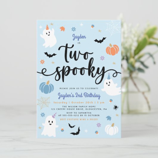 Invitation Deux Blue Éffrayant Halloween Cute Ghost 2e annive (Debout devant)
