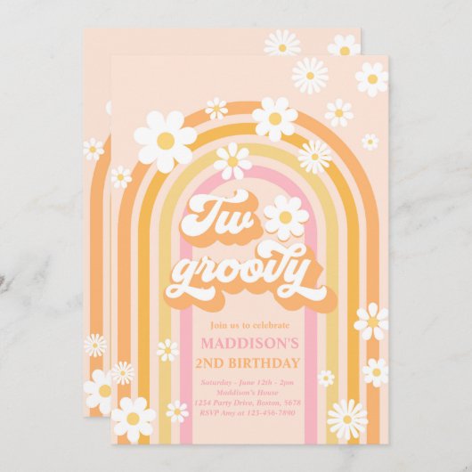 Invitation Deux Boho Daisy Super Rainbow 2e fête d'anniversai (Devant / Derrière)