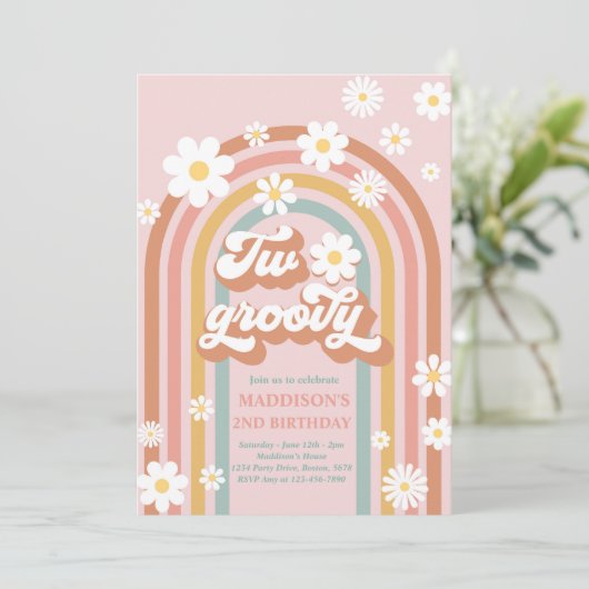 Invitation Deux Boho Daisy Super Rainbow 2e fête d'anniversai (Debout devant)