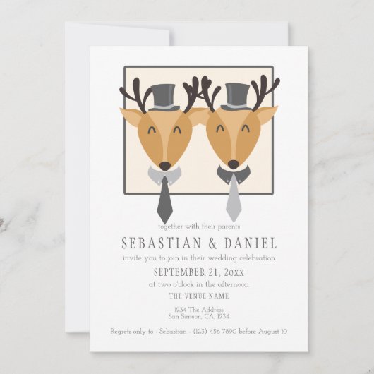 Invitation Deux Cerfs Hommes En Cravate Et Chapeaux Haut Mari (Devant)