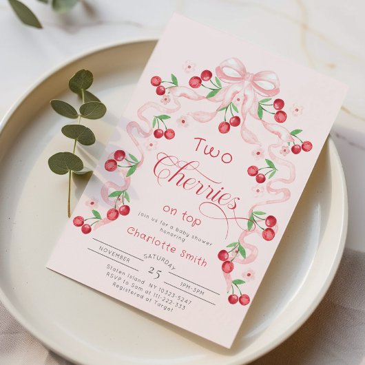 Invitation Deux cerises sur le dessus arc rose Twins Baby sho