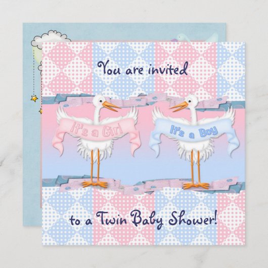 Invitation Deux cigognes pour le Baby shower (Devant / Derrière)