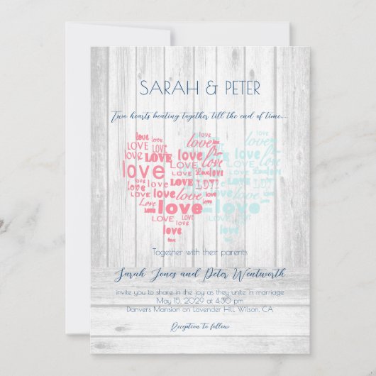 Invitation Deux Coeurs battant ensemble/Mariage rustique doux (Devant)