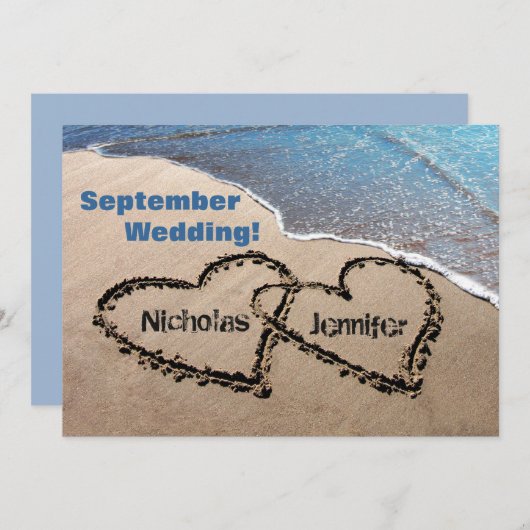 Invitation Deux Coeurs Dans Sable Summer Beach Mariage Invita (Devant / Derrière)