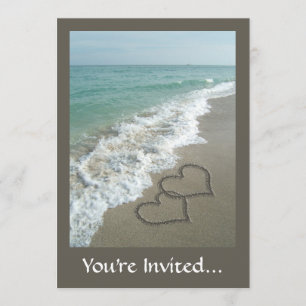 Invitation Deux Coeurs de sable sur la plage, Océan romantiqu