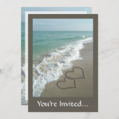 Invitation Deux cœurs de sable sur la plage, Océan romantique (Devant / Derrière)