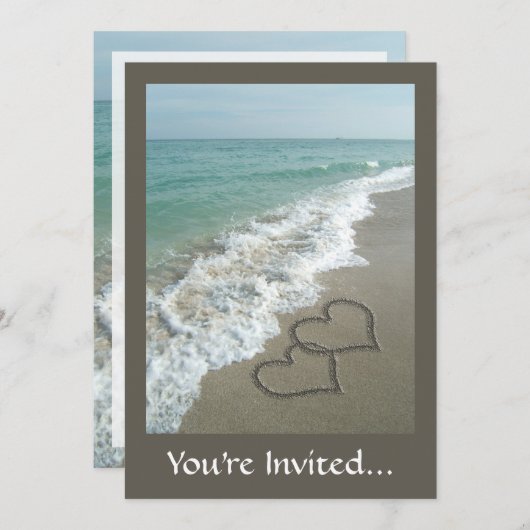 Invitation Deux cœurs de sable sur la plage, Océan romantique (Devant / Derrière)