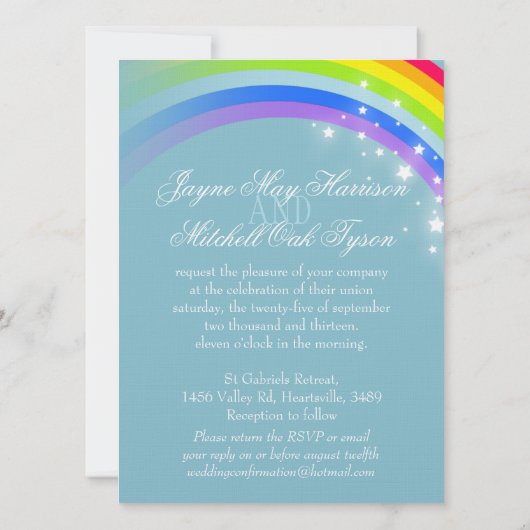 Invitation Deux colombes blanches arc-en-ciel mariage bleu gr (Dos)