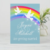 Invitation Deux colombes blanches arc-en-ciel mariage bleu gr (Debout devant)