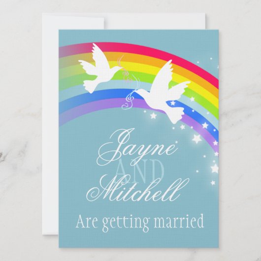 Invitation Deux colombes blanches arc-en-ciel mariage bleu gr (Devant)