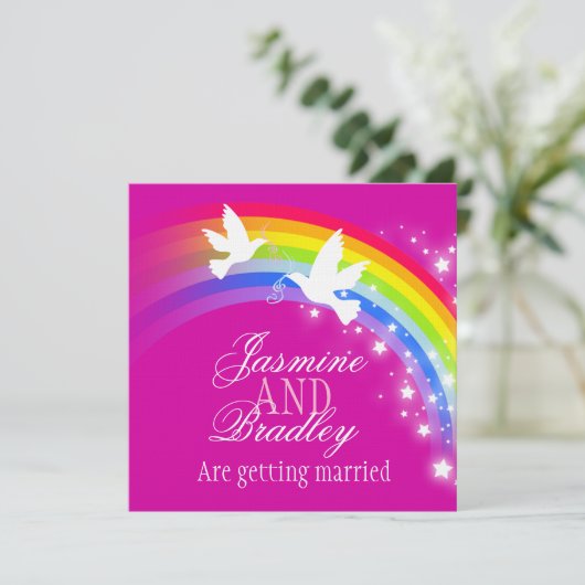 Invitation Deux colombes blanches arc-en-ciel mariage invitat (Debout devant)