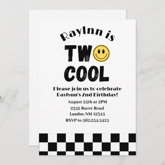 Invitation Deux Cool 2e anniversaire Retro Smile Checkerboard (Devant / Derrière)