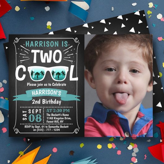 Invitation Deux Cool Boys Chalkboard Photo 2e anniversaire