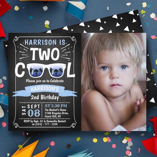 Invitation Deux Cool Boys Chalkboard Photo 2e anniversaire