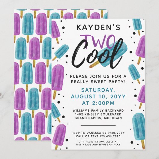 Invitation DEUX COOL Kid's 2nd Birthday Summer Ice Pop Party (Devant / Derrière)