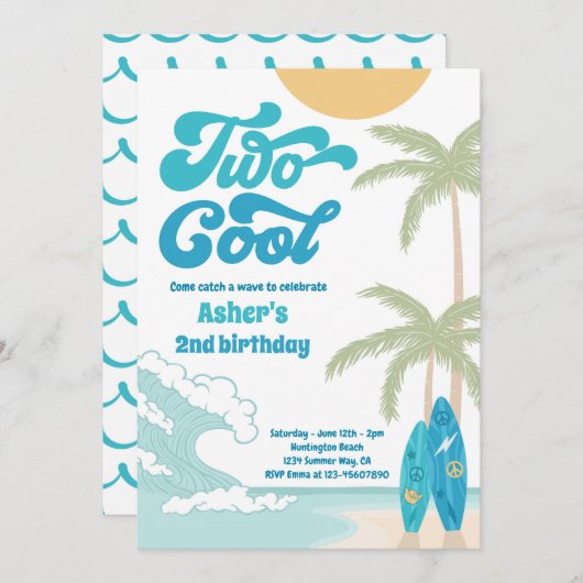Invitation Deux Cool Retro Surfboard Beach 2e fête d'annivers (Devant / Derrière)