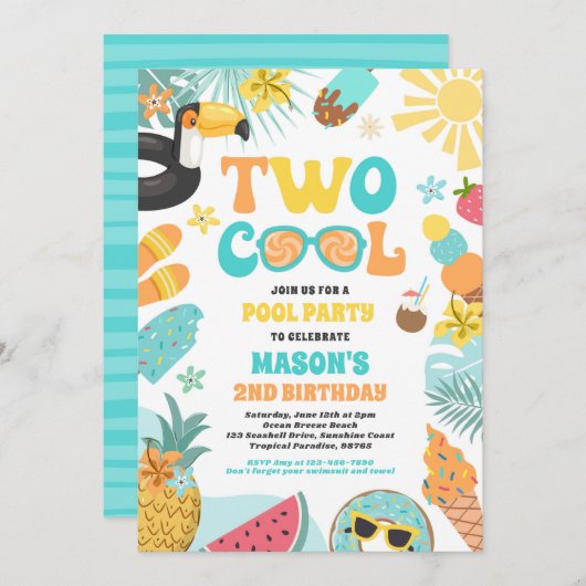 Invitation Deux Cool Tropical Summer Beach 2e fête d'annivers (Devant / Derrière)