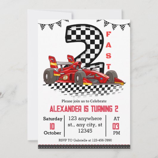 Invitation Deux Course Rouge Rapide Anniversaire Garçon (Devant)