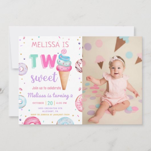 Invitation Deux crème glacée douce Donut 2e anniversaire Phot (Devant)