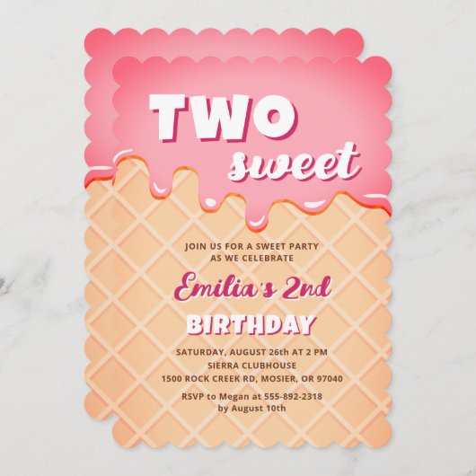 Invitation Deux crème glacée douce Fille d'été 2e fête d'anni (Devant / Derrière)