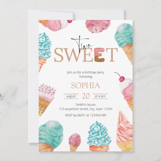 Invitation Deux crème glacée douce première fête d'anniversai (Devant)