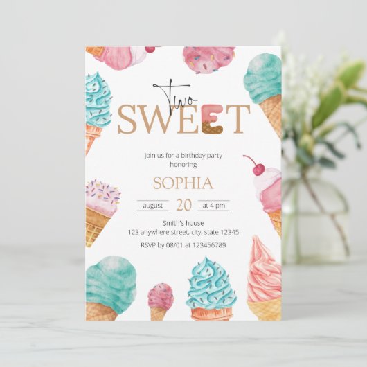 Invitation Deux crème glacée douce première fête d'anniversai (Debout devant)