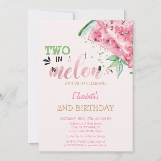 Invitation Deux Dans Des Pastèques Pastèque Rose 2ème Anniver (Devant)
