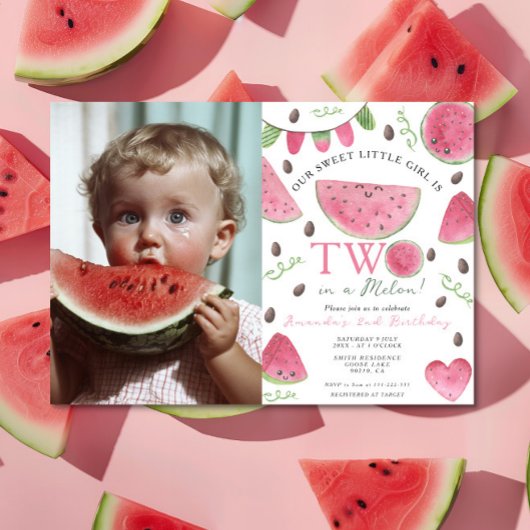 Invitation Deux dans un Melon Cute Watermelon Girl 2e anniver