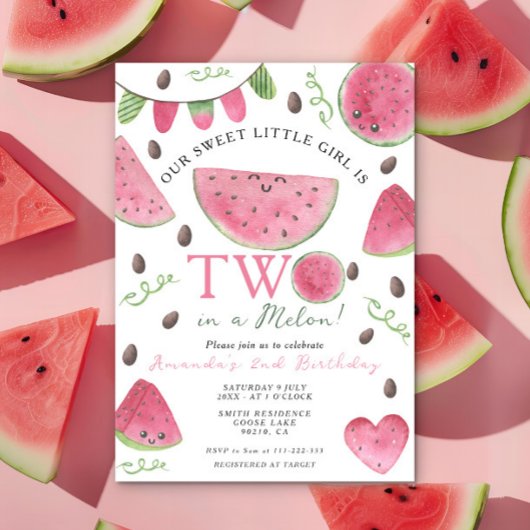 Invitation Deux dans un Melon Cute Watermelon Girl 2e anniver