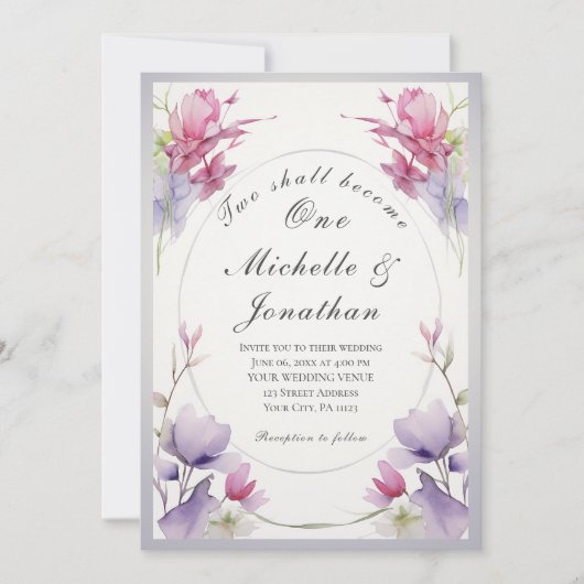 Invitation Deux Deviendront Un Mariage Floral Rose Lavande (Devant)