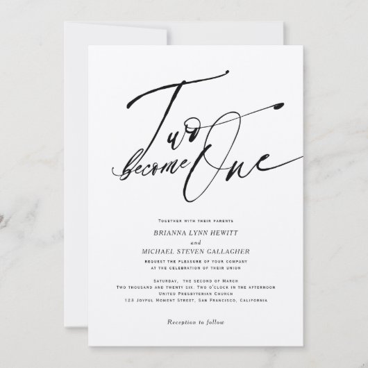 Invitation Deux deviennent une Calligraphie moderne noir et b (Devant)