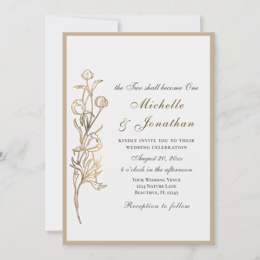Invitation Deux deviennent une seule Fleurs d'or Mariage chré (Devant)