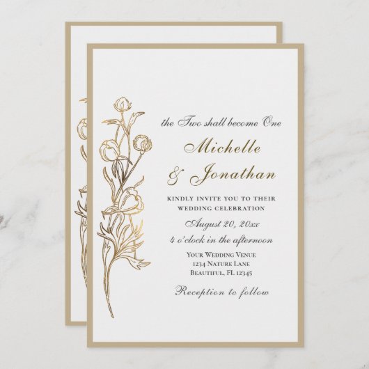 Invitation Deux deviennent une seule Fleurs d'or Mariage chré (Devant / Derrière)