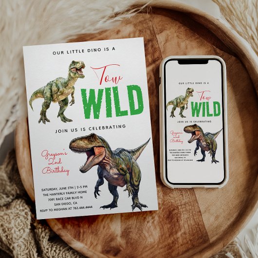 Invitation Deux Dino Wild Party Boy Dinosaur 2e anniversaire