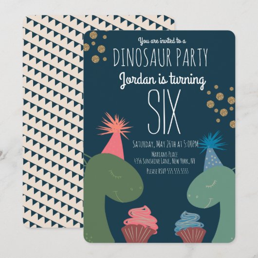 Invitation Deux Dinosaures Cupcakes Glittler Confetti (Devant / Derrière)