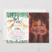 Invitation Deux Dinosaures Filles 2e Anniversaire Photo (Devant)
