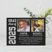 Invitation Deux diplômés Black Grey Party Photo (Debout devant)