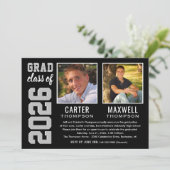Invitation Deux diplômés Black Grey Party Photo (Debout devant)