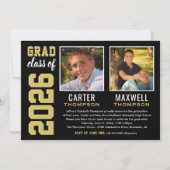 Invitation Deux diplômés Photo Fête Noir Or (Devant)