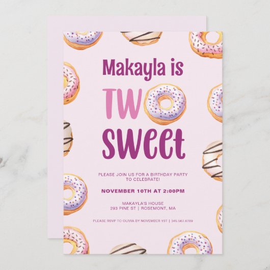 Invitation Deux douceurs Doughnut fête d'anniversaire (Devant / Derrière)