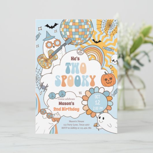 Invitation Deux Éffrayant Retro Halloween garçon Deuxième ann (Debout devant)