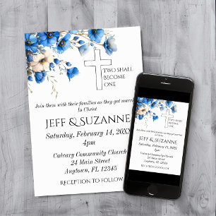 Invitation Deux En Un Fleurs Bleues Mariage Croix