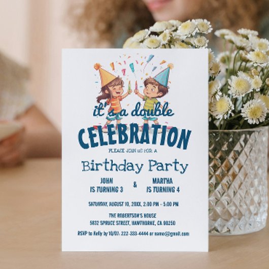 Invitation Deux Enfants Et Confetti Double Anniversaire