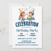 Invitation Deux Enfants Et Confetti Double Anniversaire (Devant)
