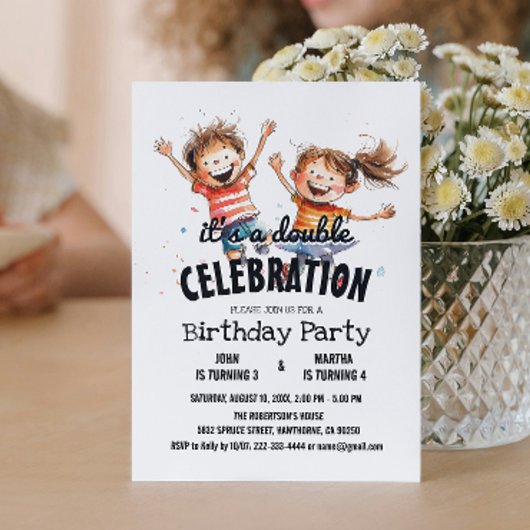 Invitation Deux enfants heureux Double fête d'anniversaire