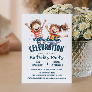 Invitation Deux enfants heureux Double fête d'anniversaire