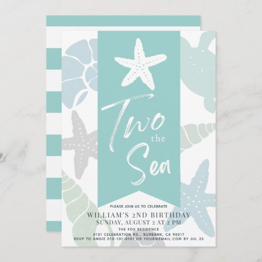 Invitation Deux étoiles de mer Turquoise 2e anniversaire (Devant / Derrière)
