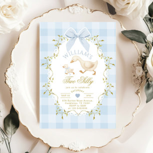 Invitation Deux Fantaisies Bleu Gingham Garçon 2e Anniversair