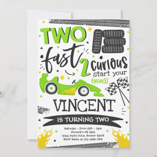 Invitation Deux Fast 2e fête d'anniversaire Green Race Car Pa (Devant)