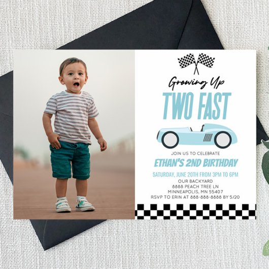 Invitation Deux Fast Blue Race Car 2e fête d'anniversaire